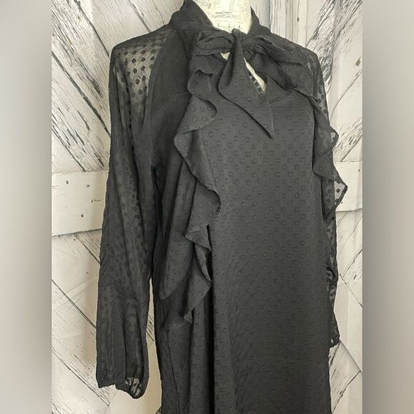 Bebe Black Dotted Swiss Dress Neck Tie Ruffles Large - Picture 4 of 10